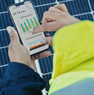 Person,,Hands,And,Technician,With,Phone,Screen,For,Solar,Panel
