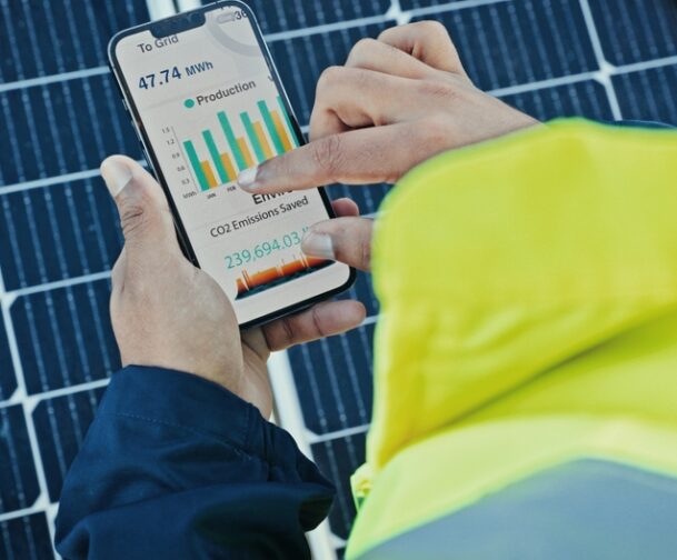 Person,,Hands,And,Technician,With,Phone,Screen,For,Solar,Panel