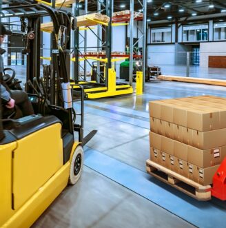 Warehouse,Business.,Storage,Hangar.,Man,On,Forklift.,Pallet,Jack,With