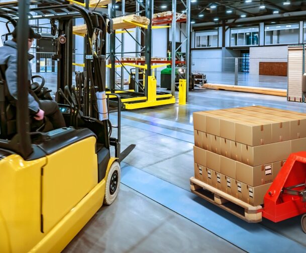 Warehouse,Business.,Storage,Hangar.,Man,On,Forklift.,Pallet,Jack,With