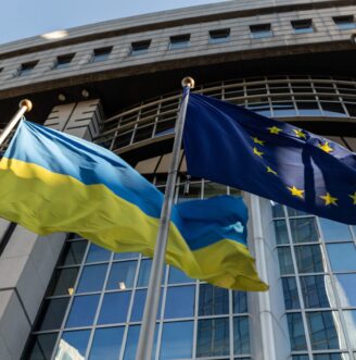 Ukrainian,Flag,And,European,Union,Flag,In,Front,Of,The