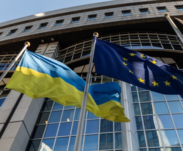 Ukrainian,Flag,And,European,Union,Flag,In,Front,Of,The