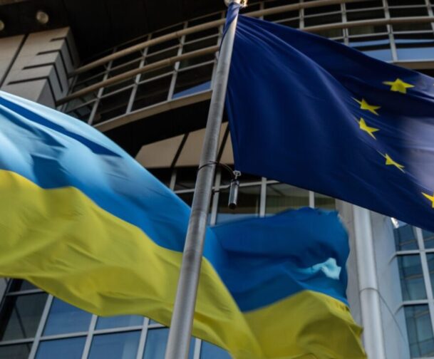 Ukrainian,Flag,And,European,Union,Flag,In,Front,Of,The